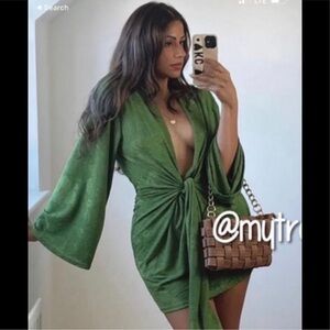 Zara Green Kimono-Style Mini Dress Jacquard